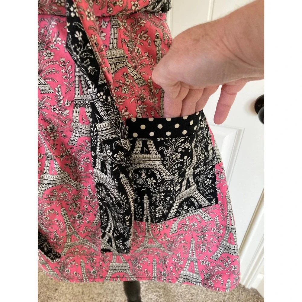 Pink Black Reversible Eiffel Tower Paris Floral Apron Polka Dot Trim Pockets‎
